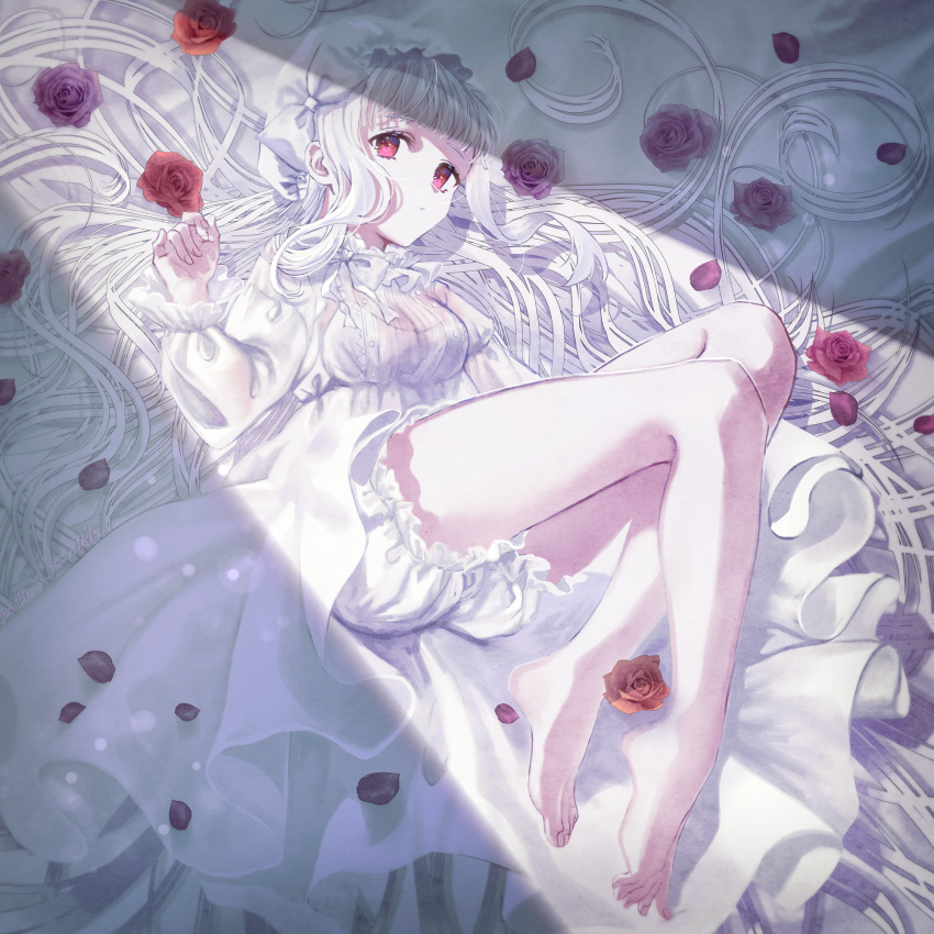 1girl, albino, barefoot, bed, bloomers, breasts, dress, feet, flower, frills, haduki_tohru, highres, lingerie, long_hair, looking_at_viewer, lying, negligee, on_side, original, red_eyes, rose, solo, underwear, white_hair