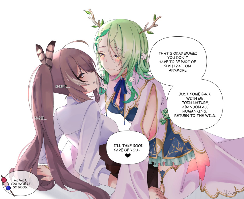 2girls, ahoge, brown_eyes, brown_hair, ceres_fauna, english_commentary, english_text, eyebrows_visible_through_hair