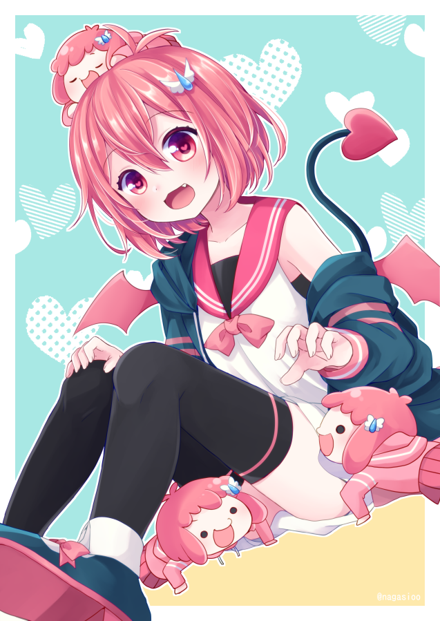 1girl, antenna_hair, atelier_live, bangs, black_legwear, blue_jacket, blush, commission, dress, fang, hair_between_eyes, hair_ornament, heart, heart-shaped_pupils, jacket, nagasioo, off_shoulder, on_head, open_mouth, pink_eyes, pink_hair, pink_sailor_collar, sailor_collar, sailor_dress, short_hair, simple_background, sitting, skeb_commission, sleeveless, sleeveless_dress, symbol-shaped_pupils, tail, thigh-highs, twitter_username, virtual_youtuber, white_dress, wings, yamane_chiika