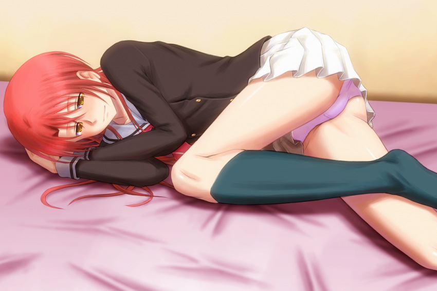 1girl, bed_sheet, black_shirt, blush, bonnie_(rsg), collarbone, collared_shirt, hair_between_eyes