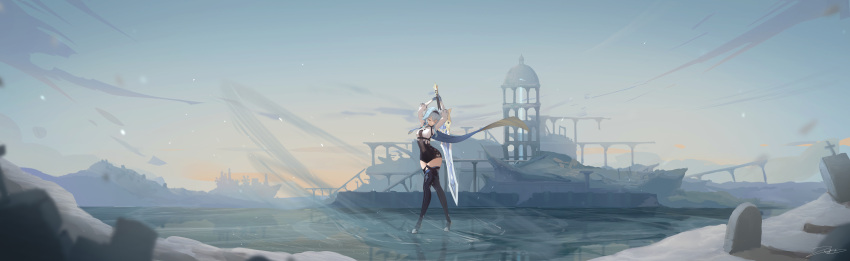 1girl, absurdres, ame999, blue_hair, breasts, clouds, eula_(genshin_impact), full_body, genshin_impact, headband, highres, huge_filesize, incredibly_absurdres, lake, medium_breasts, mountain, mountainous_horizon, outdoors, ruins, scenery, sky, solo, sword, two-handed_sword, wallpaper_forced, water, weapon, wide_shot