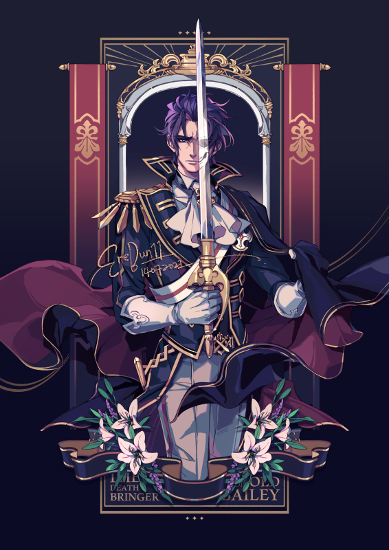 1boy, ascot, barok_van_zeiks, black_background, black_cloak, black_hair, black_jacket, cloak