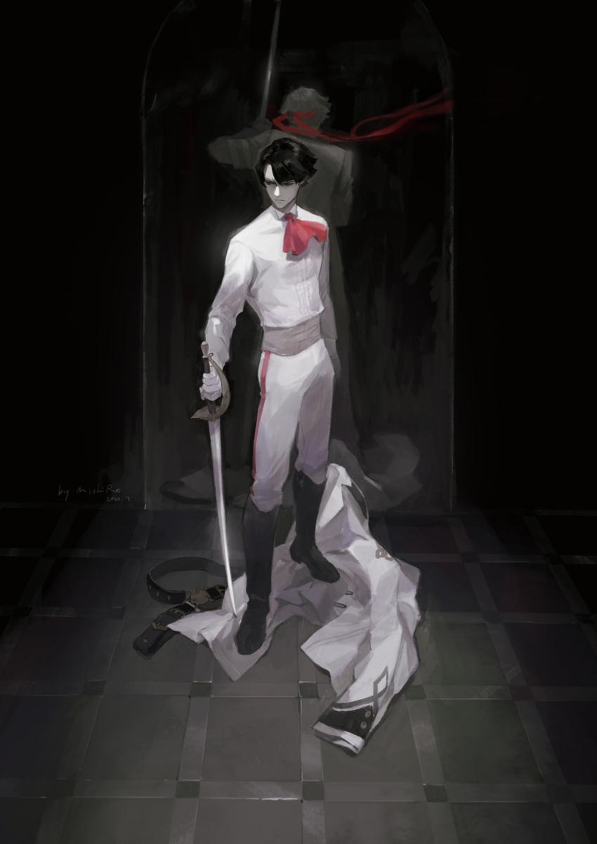 2boys, artist_name, ascot, asogi_kazuma, bangs, belt, boots, closed_mouth