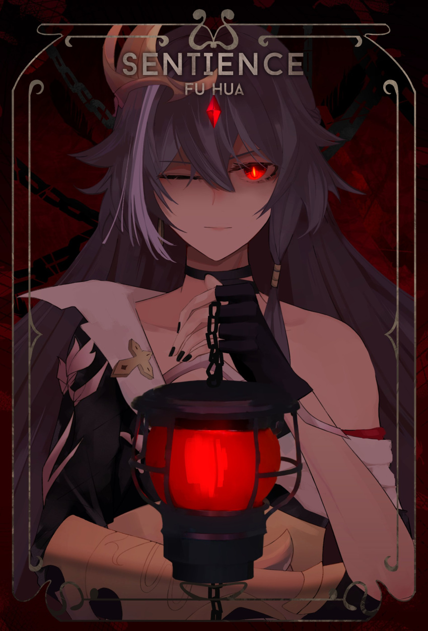 1girl, absurdres, bangs, bare_shoulders, black_gloves, black_nails, chain, close-up, closed_mouth, fingerless_gloves, fu_hua, fu_hua_(herrscher_of_sentience), gloves, grey_hair, hair_between_eyes, hair_ornament, highres, holding, honkai_(series), honkai_impact_3rd, izukei, lantern, long_hair, looking_at_viewer, multicolored_hair, one_eye_closed, red_eyes, solo, streaked_hair