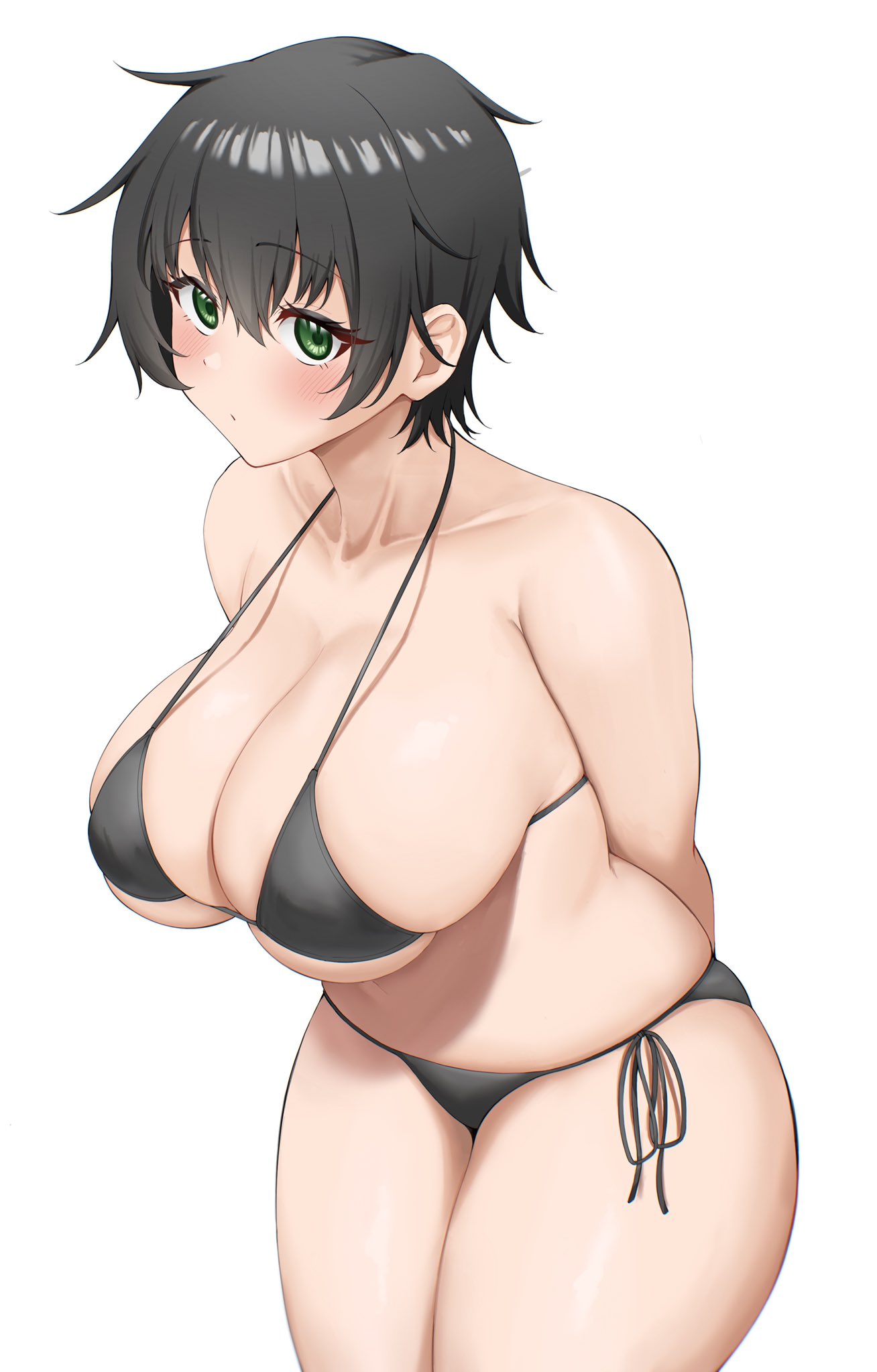 1girl, arms_behind_back, bangs, bikini, black_bikini, black_hair, blush, breasts