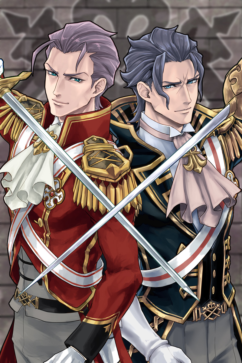 2boys, ascot, barok_van_zieks, belt, black_belt, black_hair, black_jacket, blue_eyes