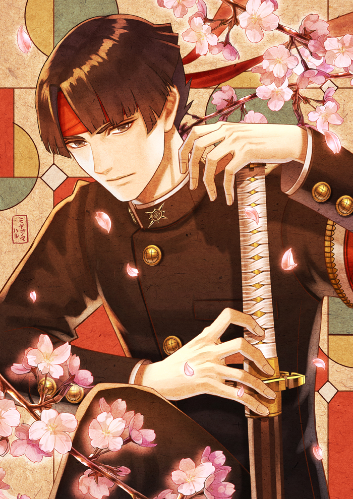 1boy, asogi_kazuma, bangs, black_eyes, black_hair, black_jacket, black_pants, branch