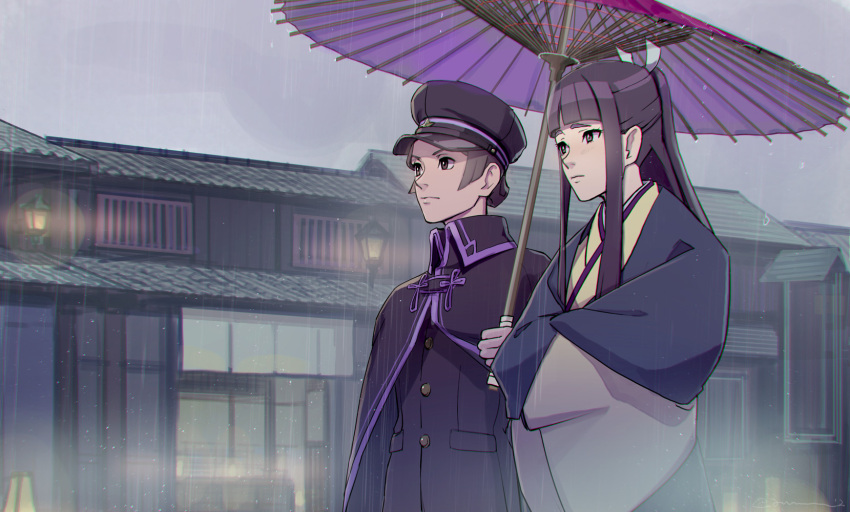2girls, ayu161, bangs, black_eyes, black_hair, black_headwear, black_jacket, blunt_bangs