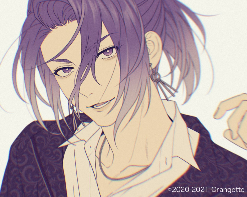 1boy, bangs, blurry, bremen, collarbone, collared_shirt, commentary_request, company_name, depth_of_field, earrings, grey_background, hair_between_eyes, hand_up, inui_ritsu, jacket, jewelry, looking_at_viewer, lower_teeth, male_focus, mashima_shima, necklace, parted_lips, ponytail, portrait, print_jacket, purple_hair, purple_jacket, second-party_source, shirt, short_hair, simple_background, smile, solo, violet_eyes, white_shirt