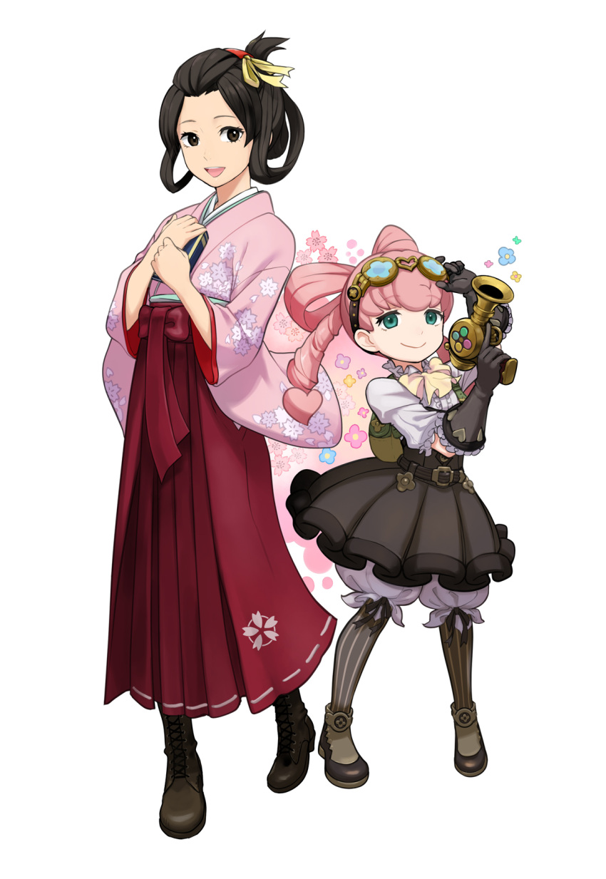 2girls, black_footwear, black_gloves, black_hair, black_legwear, black_skirt, blue_eyes, boots, closed_mouth, dai_gyakuten_saiban, gloves, goggles, goggles_on_head, gyakuten_saiban, hair_ribbon, hair_rings, hakama, hands_up, highres, holding, iris_watson, japanese_clothes, kimono, looking_at_viewer, mikami, mikotoba_susato, multiple_girls, open_mouth, pants, pink_hair, pink_kimono, red_hakama, ribbon, shirt, shoes, short_hair, short_sleeves, simple_background, skirt, smile, socks, twintails, updo, white_background, white_pants, white_shirt, wide_sleeves, yellow_ribbon