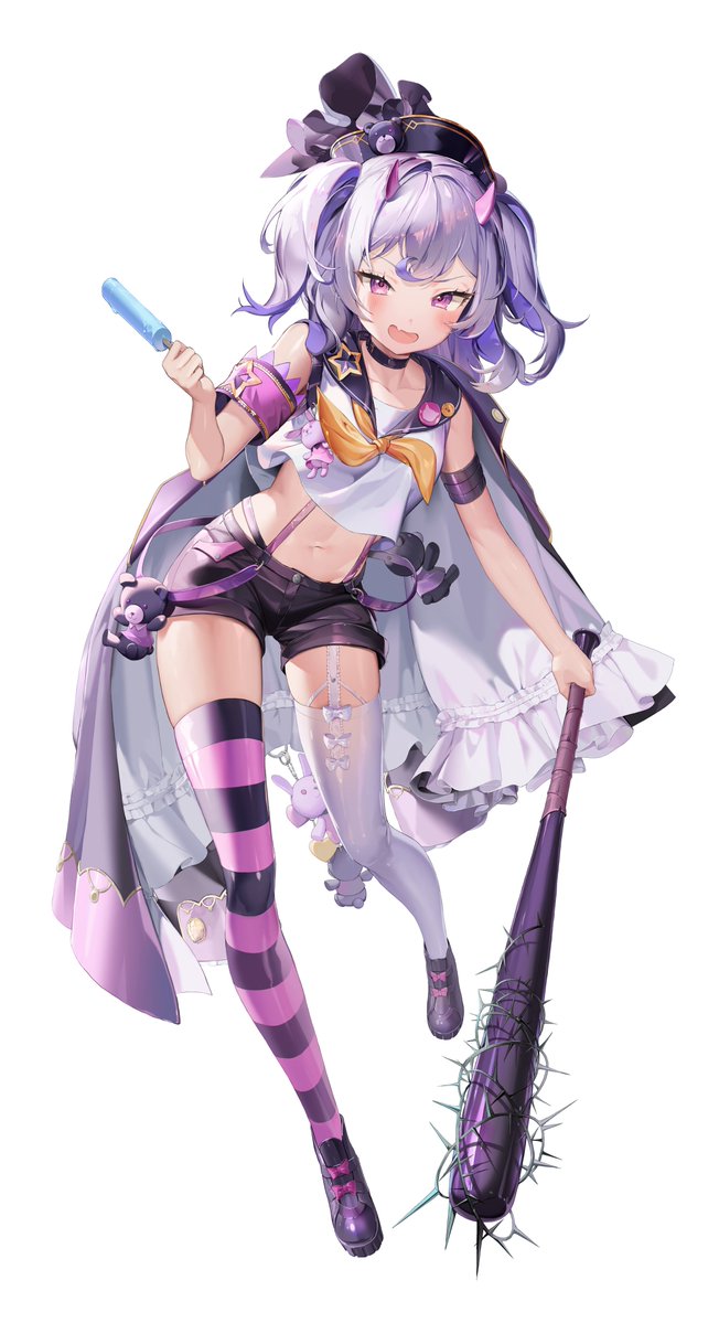 1girl, :d, armband, asymmetrical_legwear, bare_shoulders, baseball_bat, black_choker, black_headwear