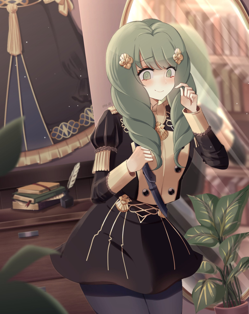 1girl, book, book_stack, dress, drill_hair, eine_(eine_dx), eyebrows_visible_through_hair, fire_emblem