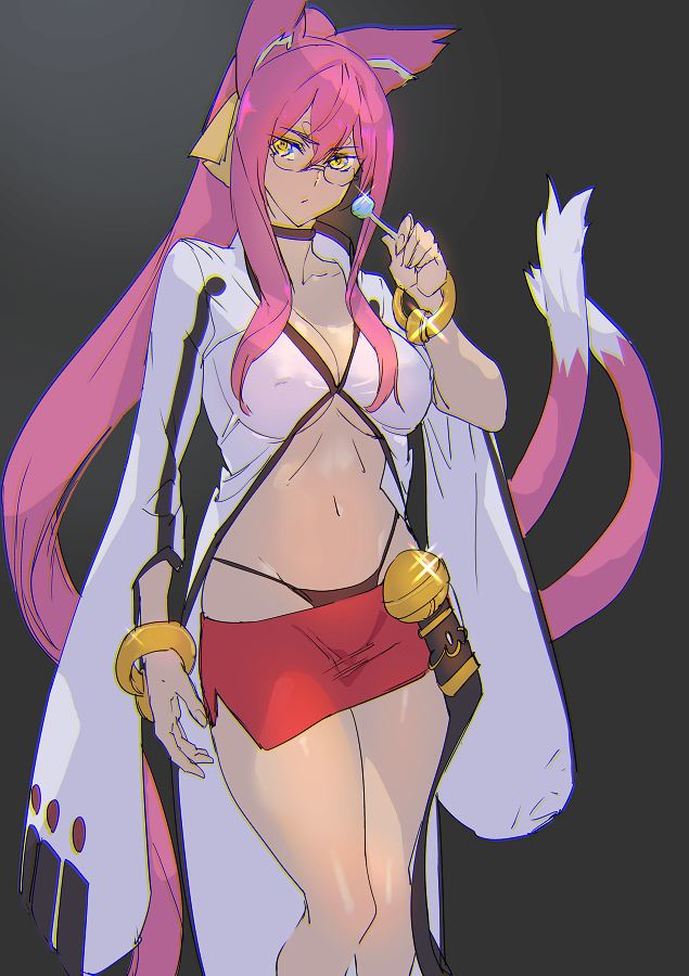 1girl, animal_ears, ashiomi_masato, blazblue, bracelet, breasts, candy, cat_ears