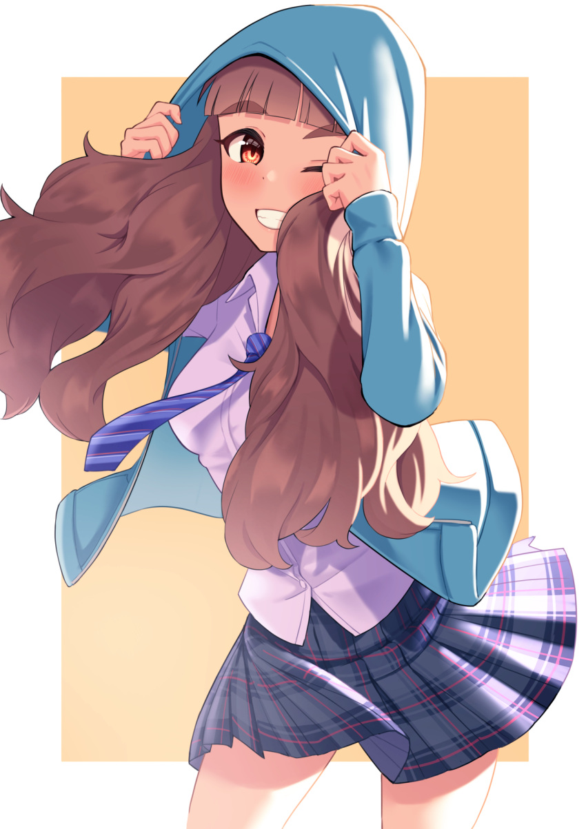 1girl, bangs, bare_legs, blue_hoodie, blunt_bangs, blush, border, breasts, brown_hair, cowboy_shot, eyebrows_visible_through_hair, grin, highres, holding_hoodie, hood, hood_up, hoodie, idolmaster, idolmaster_cinderella_girls, idolmaster_cinderella_girls_starlight_stage, kamiya_nao, long_hair, looking_at_viewer, medium_breasts, necktie, ntn00a, one_eye_closed, open_clothes, open_collar, open_hoodie, orange_background, plaid, plaid_skirt, pleated_skirt, school_uniform, shiny, shiny_clothes, simple_background, skirt, smile, solo, thick_eyebrows, white_border