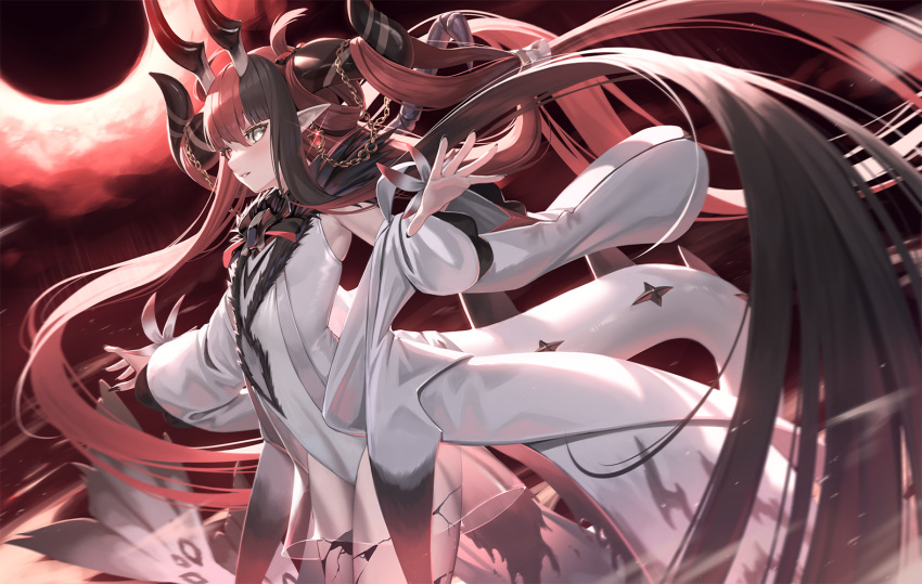 1girl, alchemy_stars, black_hair, chain, detached_sleeves, eclipse, full_moon, heterochromia