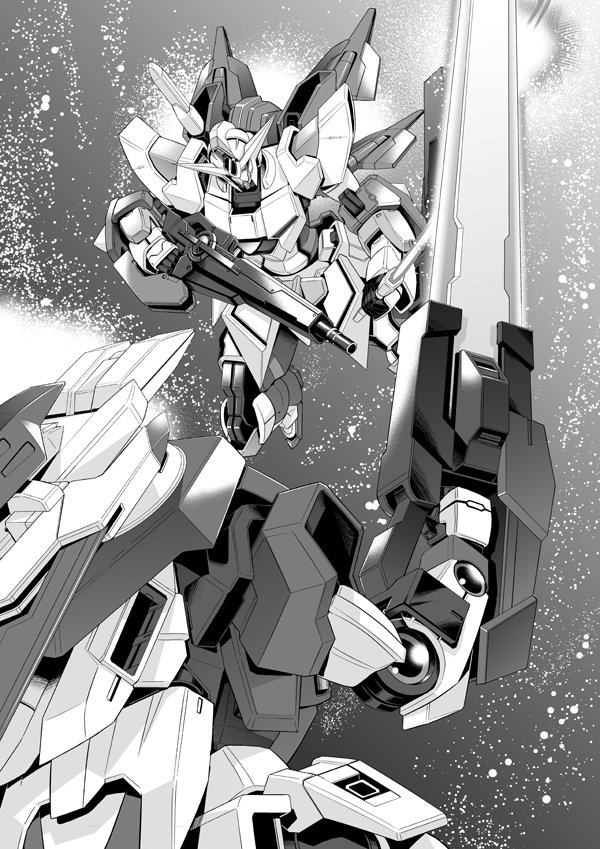 00_gundam, flying, gessekai, gundam, gundam_00, mecha, monochrome, reborns_gundam