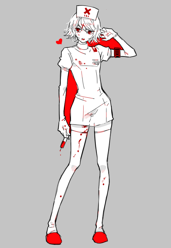 1boy, alternate_costume, awara_kayu, bangs, blood, blood_on_clothes, commentary_request, crossdressing, full_body, grey_background, hair_ornament, hand_up, hat, heart, holding, holding_syringe, looking_at_viewer, male_focus, nurse, nurse_cap, open_mouth, puffy_short_sleeves, puffy_sleeves, red_background, red_eyes, red_footwear, shoes, short_hair, short_sleeves, simple_background, solo, spot_color, standing, suzuya_juuzou, syringe, thigh-highs, tokyo_ghoul, upper_teeth, x_hair_ornament
