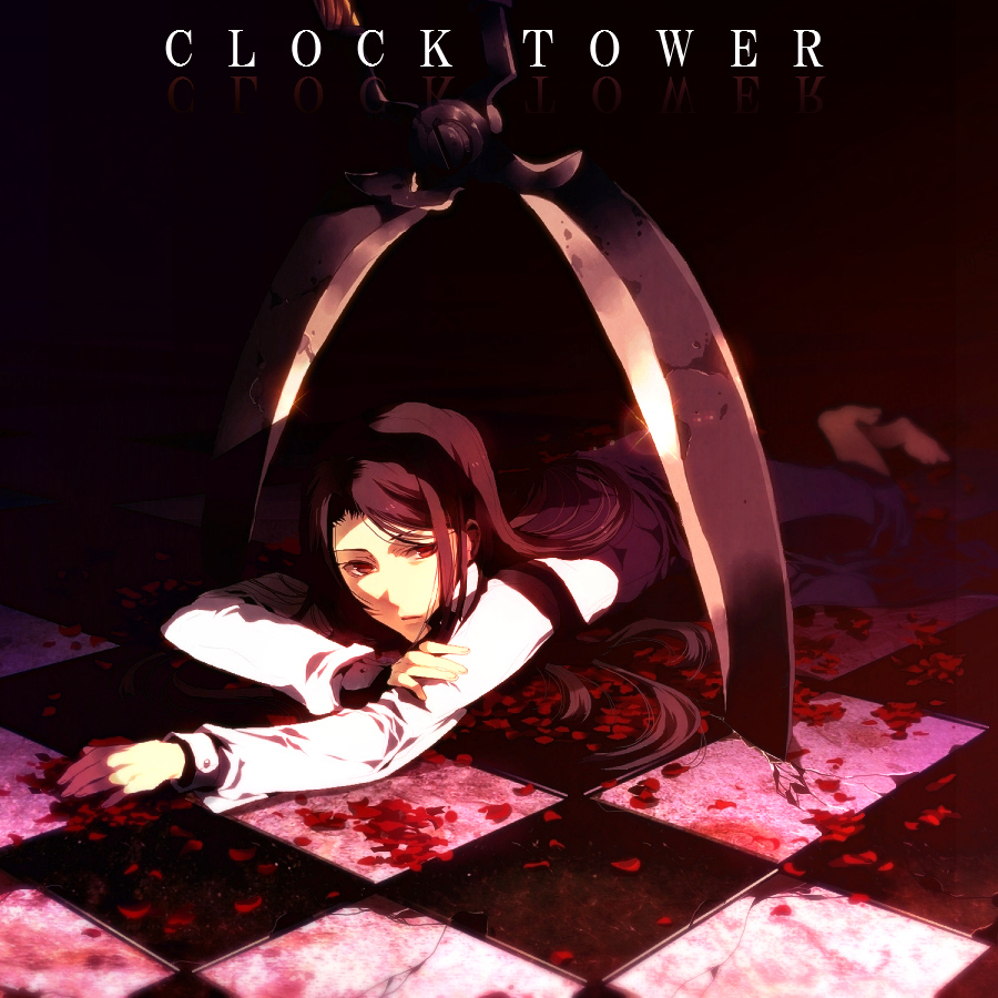 checkered, clock_tower_(series), clock_tower_the_first_fear, hedge_clippers, jennifer_simpson, long_hair, lying, on_stomach