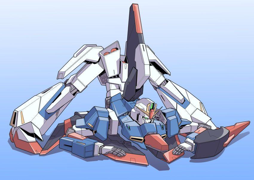 absurdres, green_eyes, gundam, highres, jack-o'_challenge, kaneko_naoya, mecha, meme, mobile_suit, no_humans, parody, science_fiction, solo, top-down_bottom-up, v-fin, zeta_gundam, zeta_gundam_(mobile_suit)
