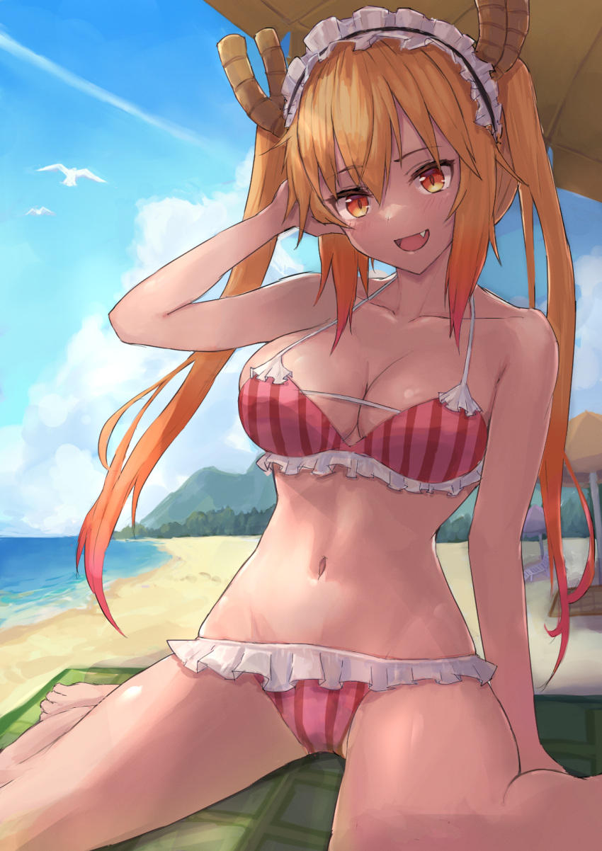 1girl, bangs, beach, beach_chair, beach_towel, beach_umbrella, bikini, bird, blonde_hair, blush, breasts, clouds, collarbone, colored_tips, day, dragon_girl, dragon_horns, eyebrows_visible_through_hair, fang, frilled_bikini, frills, gradient_hair, hand_in_hair, highres, horns, ito_t20a, kobayashi-san_chi_no_maidragon, large_breasts, long_hair, maid_headdress, multicolored_hair, navel, ocean, open_mouth, orange_hair, sand, seagull, sidelocks, sitting, sky, slit_pupils, smile, solo, swimsuit, tohru_(maidragon), towel, twintails, umbrella, wariza, water