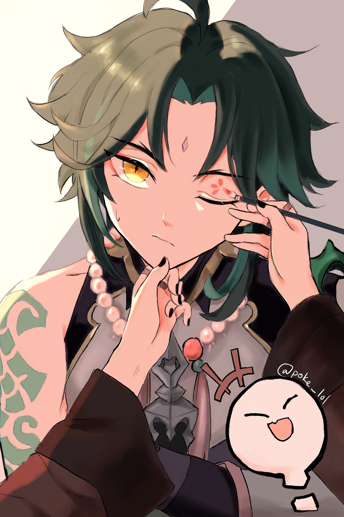 1boy, ahoge, aqua_hair, bangs, bare_shoulders, bead_necklace, beads, black_nails