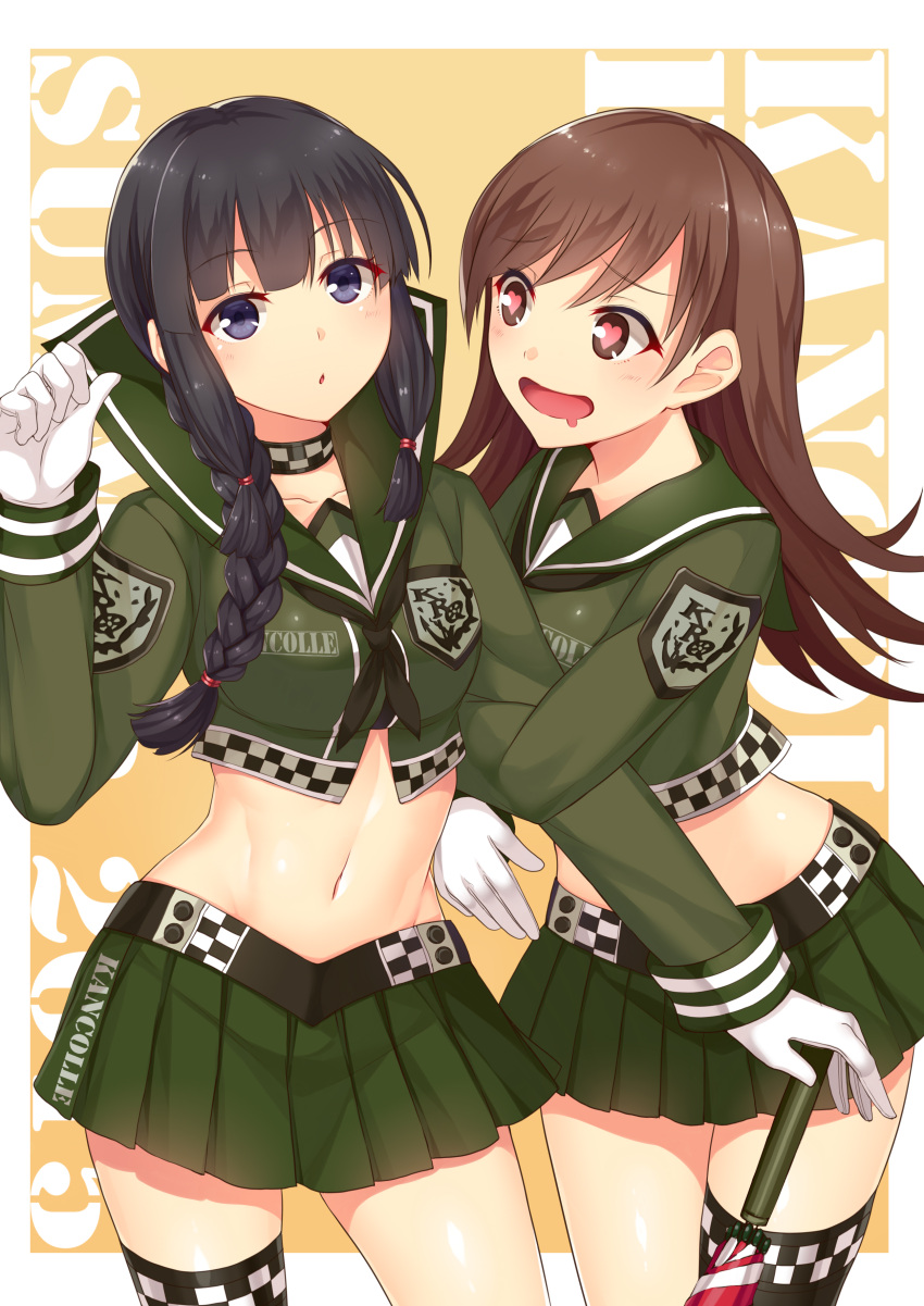 2girls, absurdres, adapted_costume, arm_hug, bangs, black_hair, blue_eyes, blush, braid, breasts, brown_eyes, brown_hair, checkered, collarbone, cowboy_shot, crop_top, drooling, eyebrows_visible_through_hair, gloves, green_skirt, hand_up, heart, heart-shaped_pupils, highres, holding, horosuke, kantai_collection, kitakami_(kancolle), long_hair, long_sleeves, looking_at_viewer, medium_breasts, midriff, miniskirt, multiple_girls, navel, ooi_(kancolle), parted_lips, pleated_skirt, racequeen, shiny, shiny_hair, shiny_skin, simple_background, single_thighhigh, skirt, smile, stomach, symbol-shaped_pupils, thigh-highs, tied_hair, umbrella, white_gloves, yellow_background, yuri