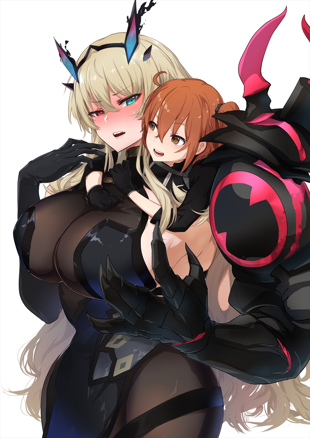 2girls, ahoge, ao_(aocooler), armor, bangs, bare_shoulders, black_dress, black_gloves