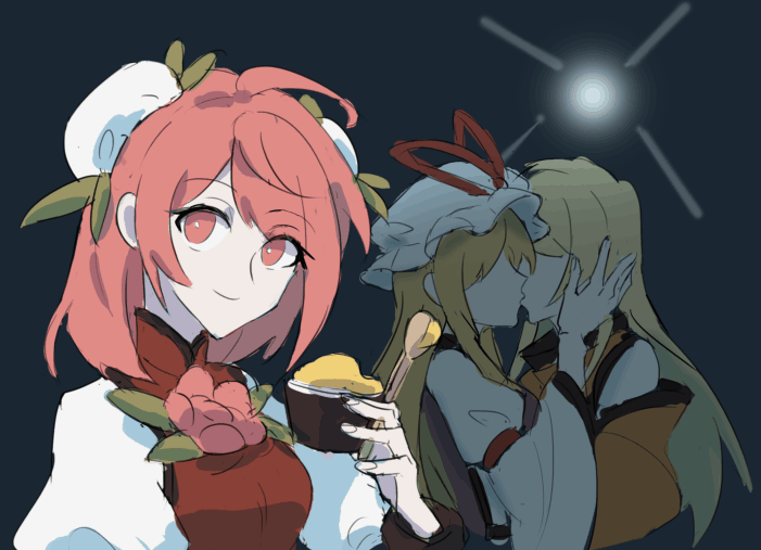 3girls, arm_garter, arong, blonde_hair, detached_sleeves, eyebrows_visible_through_hair, food, hair_between_eyes, hand_on_another's_face, hat, hat_ribbon, headwear_removed, ibaraki_kasen, ice_cream, kiss, long_hair, long_sleeves, looking_at_viewer, matara_okina, mob_cap, multiple_girls, pink_eyes, pink_hair, puffy_short_sleeves, puffy_sleeves, ribbon, short_sleeves, smile, tabard, touhou, wide_sleeves, yakumo_yukari, yuri