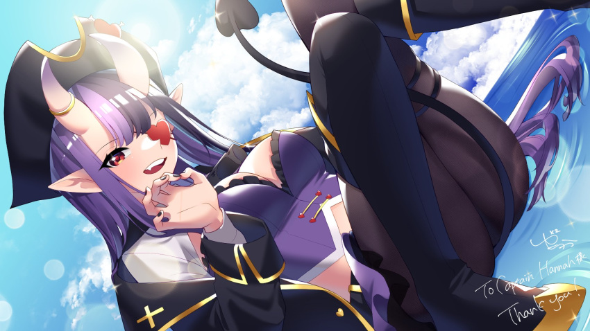 1girl, black_footwear, black_jacket, black_legwear, black_nails, boots, breasts, captain_hannah, claw_pose, commission, demon_tail, eyepatch, hair_behind_ear, hat, highres, horns, indie_virtual_youtuber, jacket, long_hair, medium_breasts, one_eye_covered, oni_horns, pantyhose, pirate_hat, pointy_ears, red_eyepatch, red_eyes, skeb_commission, smile, solo, tail, thigh-highs, thigh_boots, virtual_youtuber, yuyu_tika