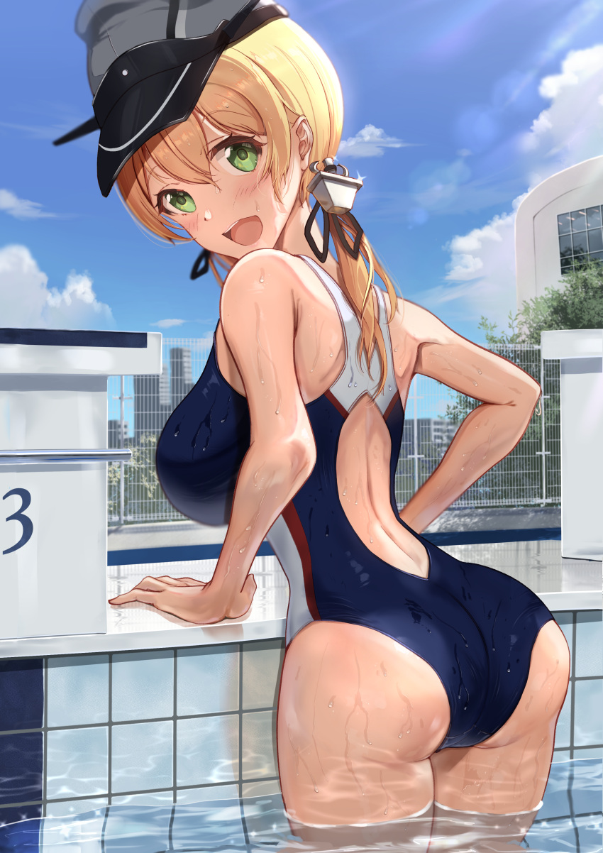 1girl, absurdres, anchor_hair_ornament, ass, back, blonde_hair, blush, breasts