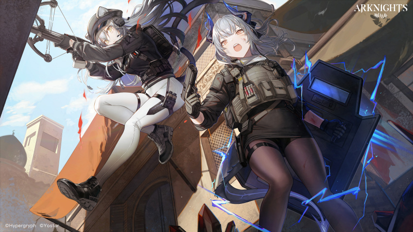 2girls, absurdres, animal_ears, arknights, black_footwear, black_headwear, black_jacket, black_legwear, blue_sky, brown_hair, cabbie_hat, cat_ears, clouds, copyright_name, crossbow, day, ears_through_headwear, gun, handgun, hat, highres, holding, holding_crossbow, holding_gun, holding_weapon, horns, jacket, ji_mag_(artist), leggings, liskarm_(arknights), liskarm_(overload)_(arknights), long_sleeves, multiple_girls, official_art, open_mouth, outdoors, pants, pantyhose, pistol, schwarz_(arknights), schwarz_(skyline)_(arknights), shield, shoes, silver_hair, sky, weapon, white_pants