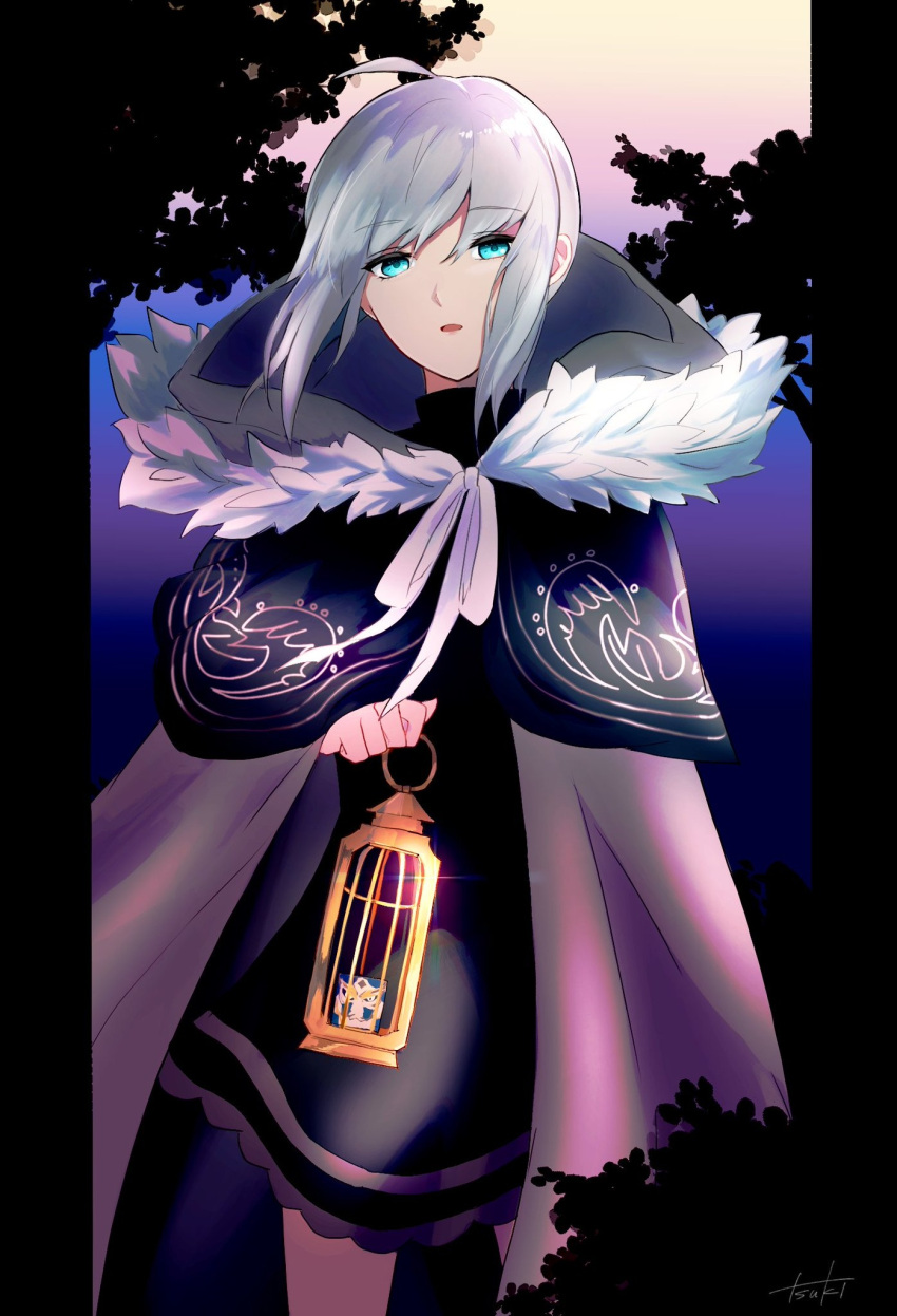 1girl, add_(fate), aqua_eyes, bangs, birdcage, black_cloak, black_dress, breasts