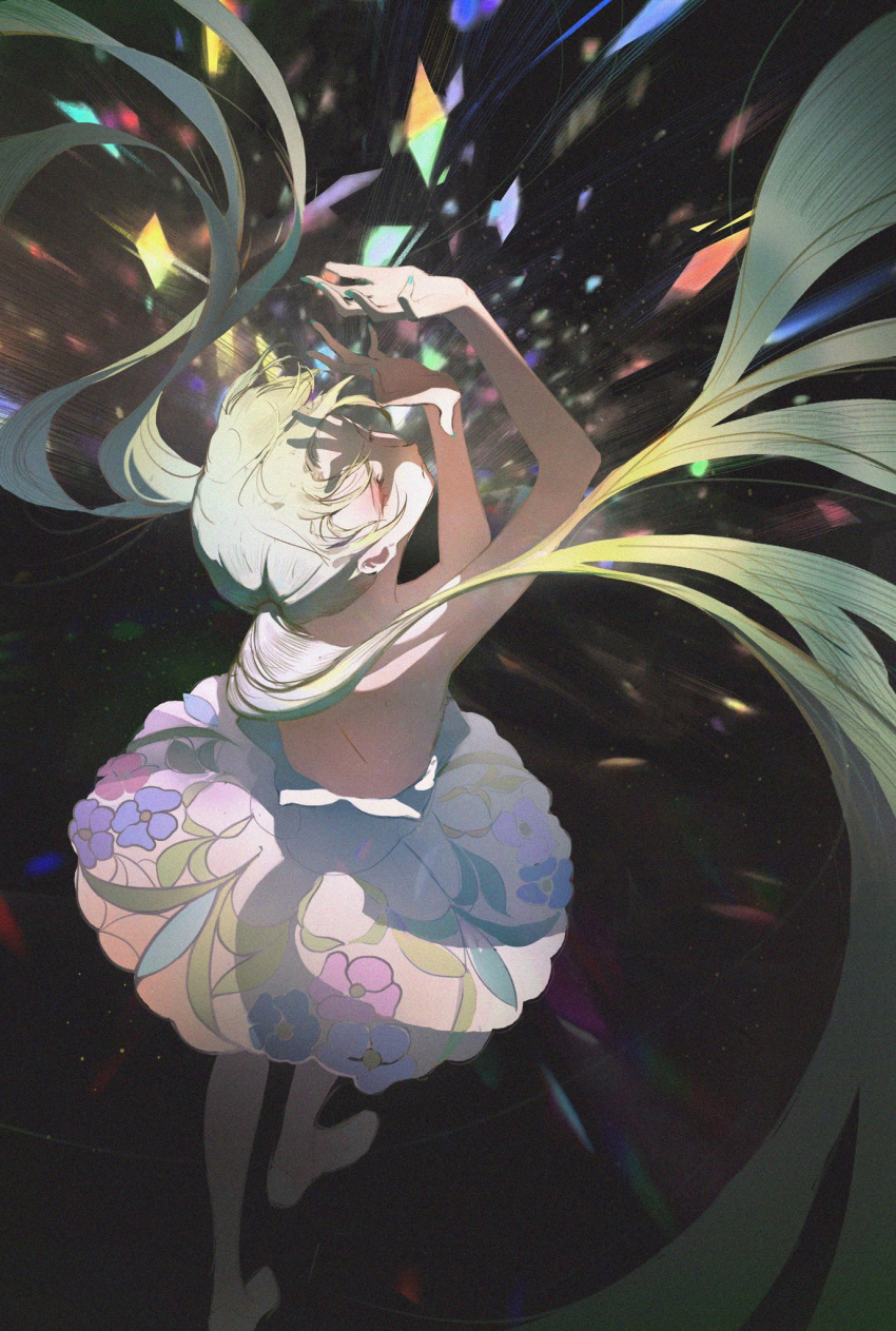 1girl, arms_up, backless_outfit, barefoot, colorful, dark_background, dress, facing_back