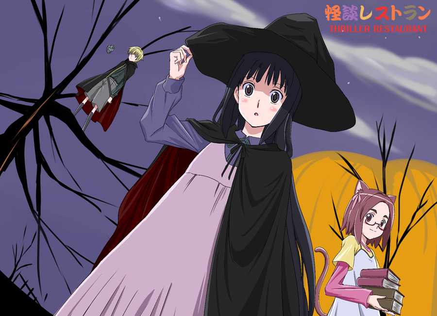 black_hair, blonde_hair, blue_eyes, book, camcorder, cape, cat_ears, cat_tail