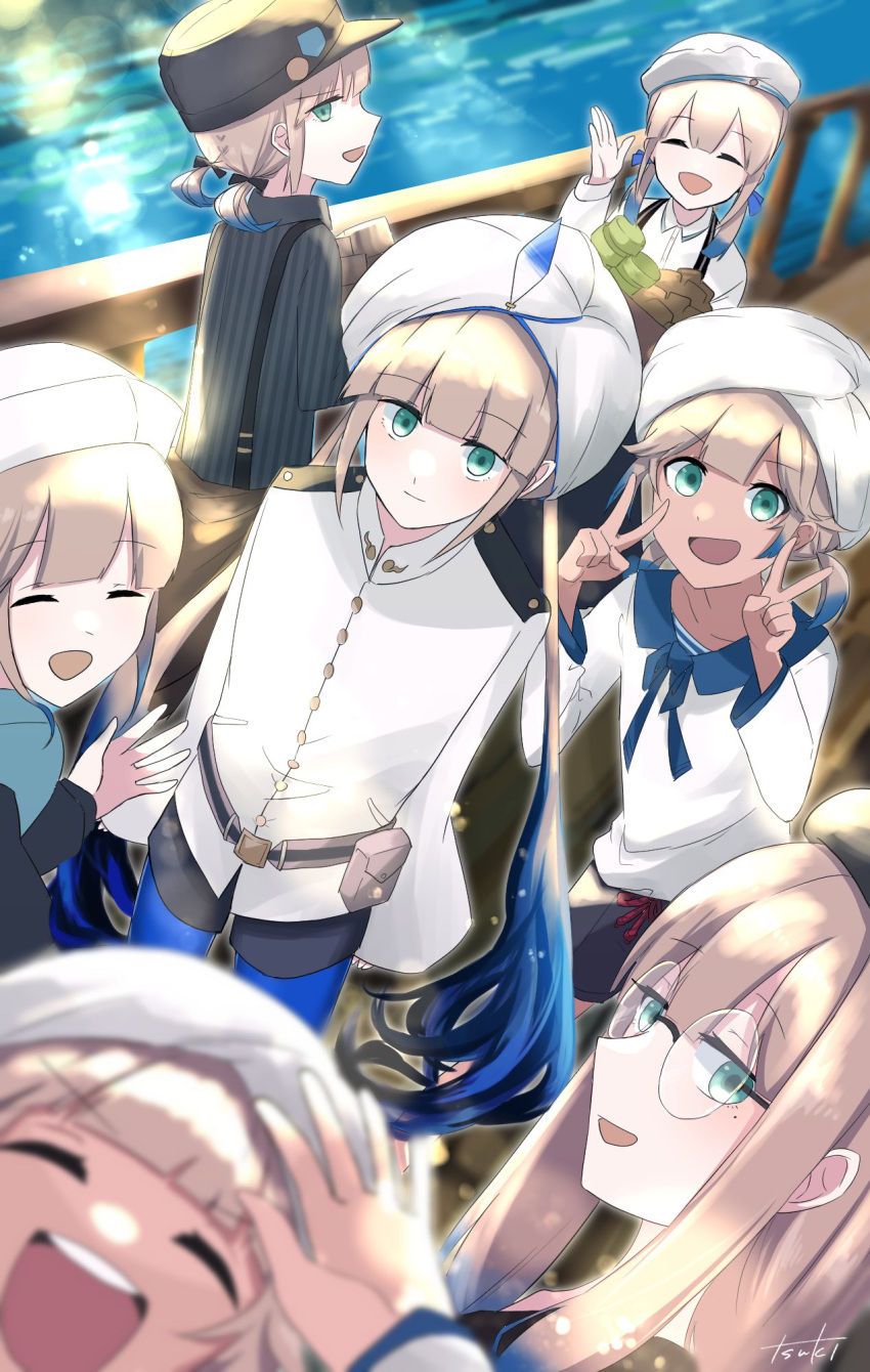 1boy, 6+others, baker_nemo_(fate), bangs, beret, black_headwear, blue_hair, blue_pants