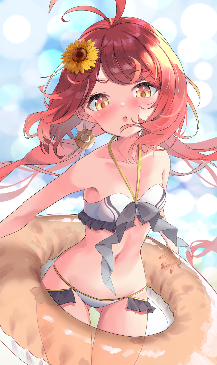 :o, antenna_hair, azur_lane, bikini, blue_background, blurry, blurry_background, blush