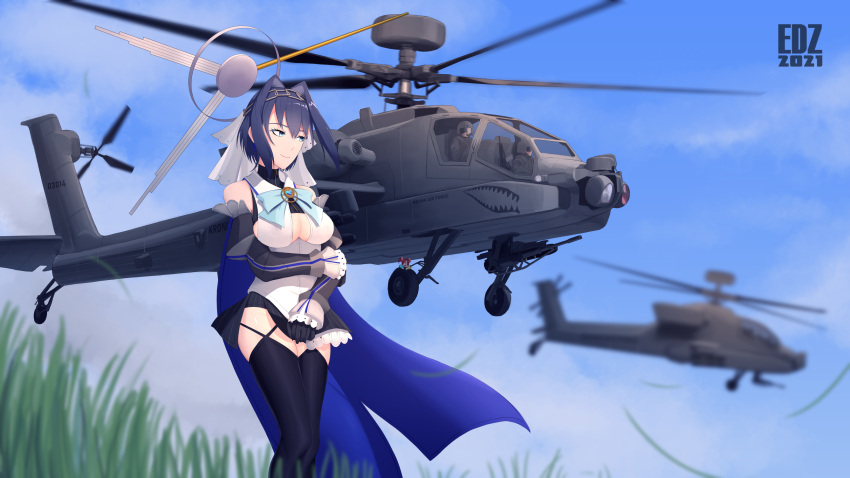 aircraft, blue_bow, bow, bow_earrings, chain, earrings, edzactly, hair_intakes, helicopter, highres, holocouncil, hololive, hololive_english, jewelry, ouro_kronii