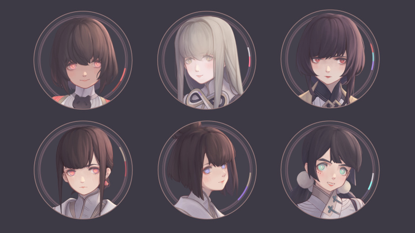 6+girls, absurdres, aqua_eyes, blonde_hair, blue_eyes, brown_hair, earrings, grin