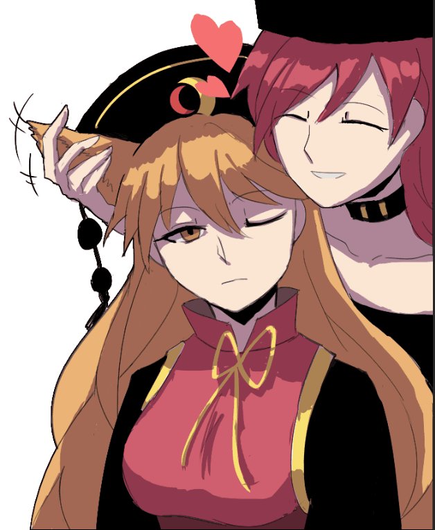 2girls, animal_ears, arong, black_choker, black_shirt, breasts, choker, closed_eyes, collarbone, eyebrows_visible_through_hair, fox_ears, hair_between_eyes, heart, hecatia_lapislazuli, junko_(touhou), large_breasts, long_hair, looking_at_viewer, multiple_girls, one-hour_drawing_challenge, one_eye_closed, orange_eyes, orange_hair, phoenix_crown, polos_crown, redhead, ribbon, shirt, smile, t-shirt, tabard, tassel, touhou, yellow_neckwear, yellow_ribbon