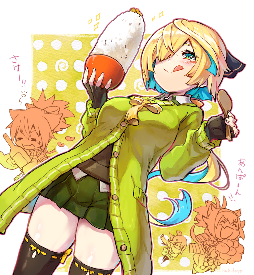 3girls, :q, =_=, ahoge, animal_ears, armor, blonde_hair, blush
