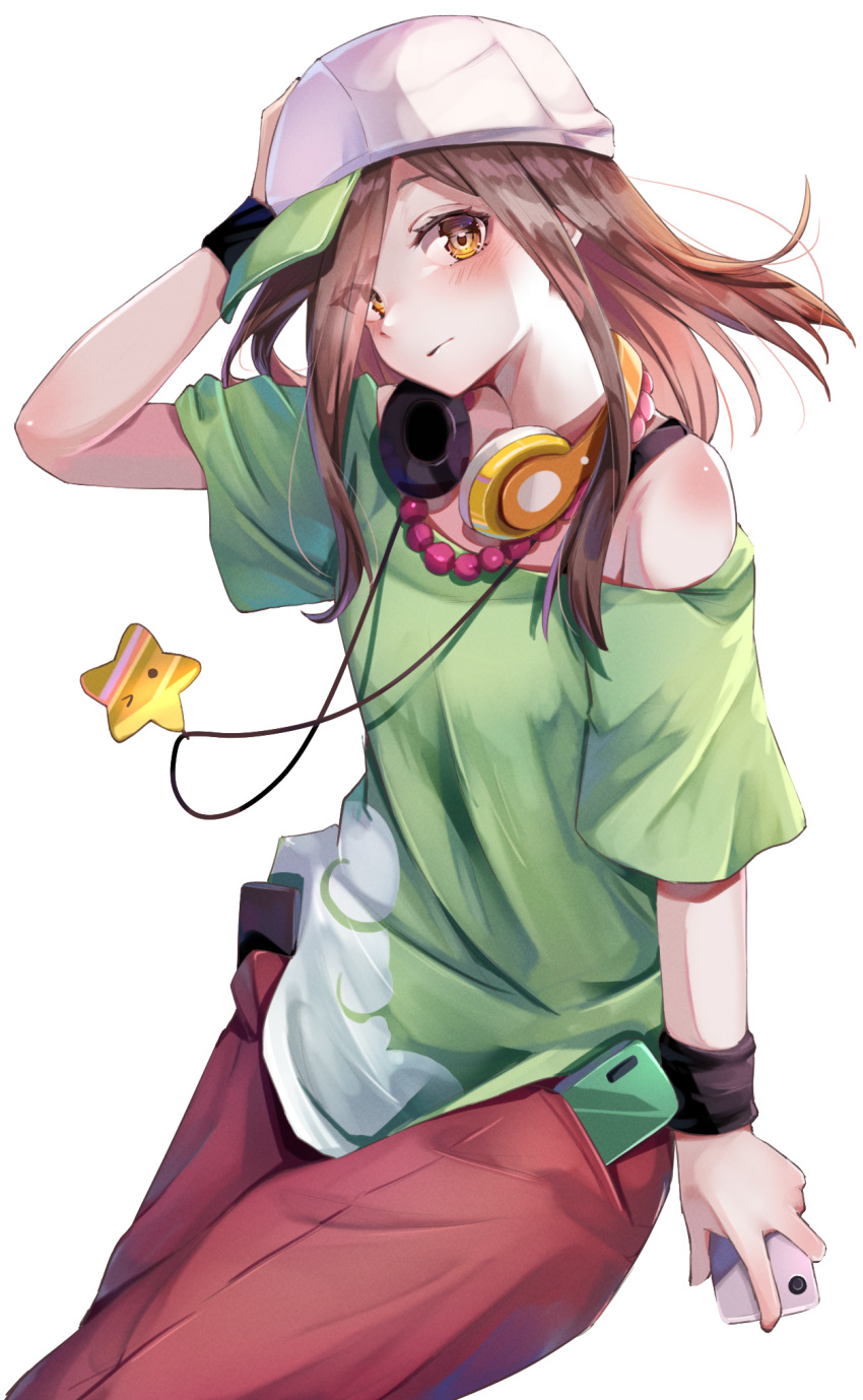 1girl, adjusting_clothes, adjusting_headwear, arm_at_side, bare_shoulders, baseball_cap, beads, black_wristband