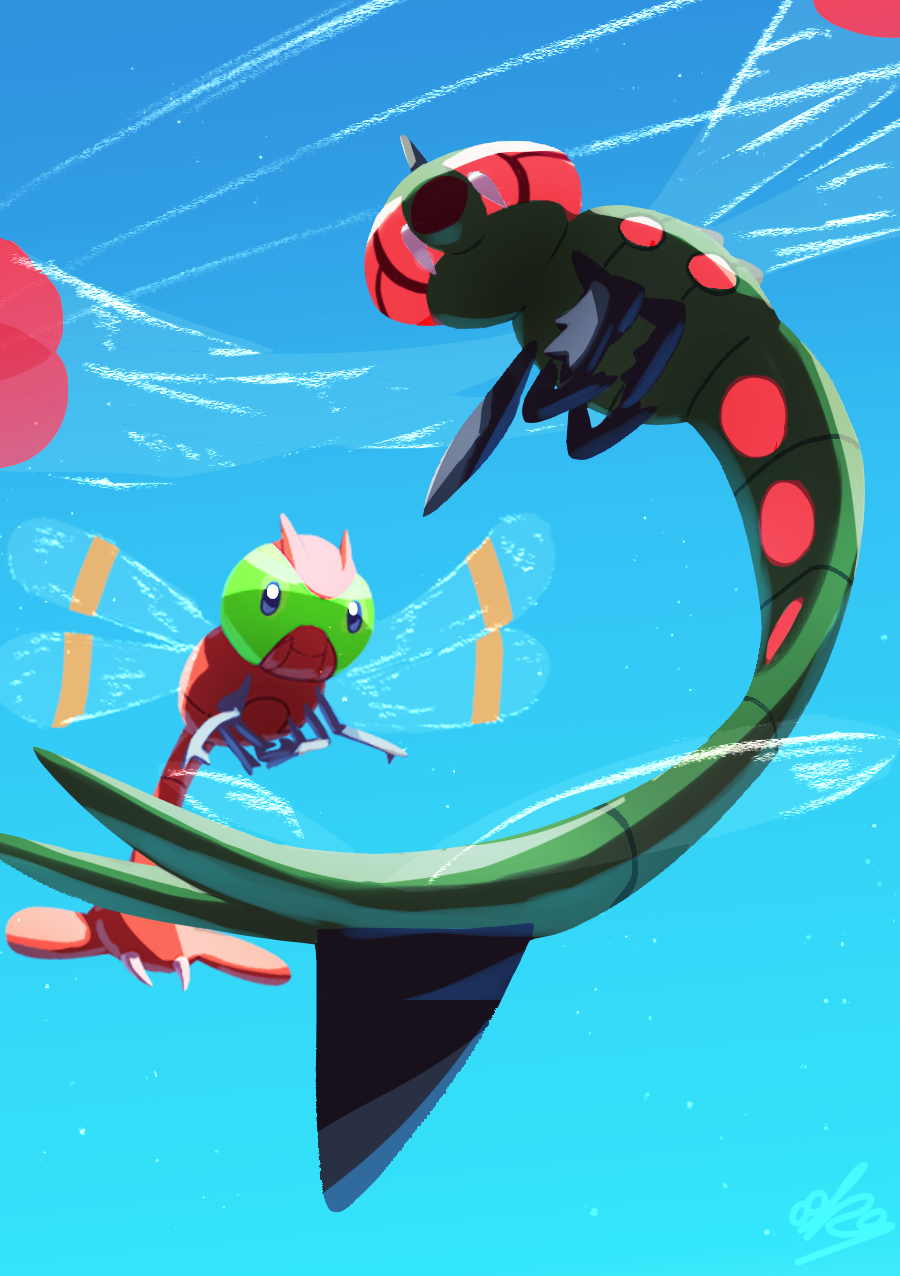 blue_background, blue_eyes, bug, closed_mouth, commentary_request, day, evolutionary_line, ewokakukaede, flying, from_below, gen_2_pokemon, gen_4_pokemon, highres, no_humans, outdoors, pokemon, pokemon_(creature), sky, smile, yanma, yanmega