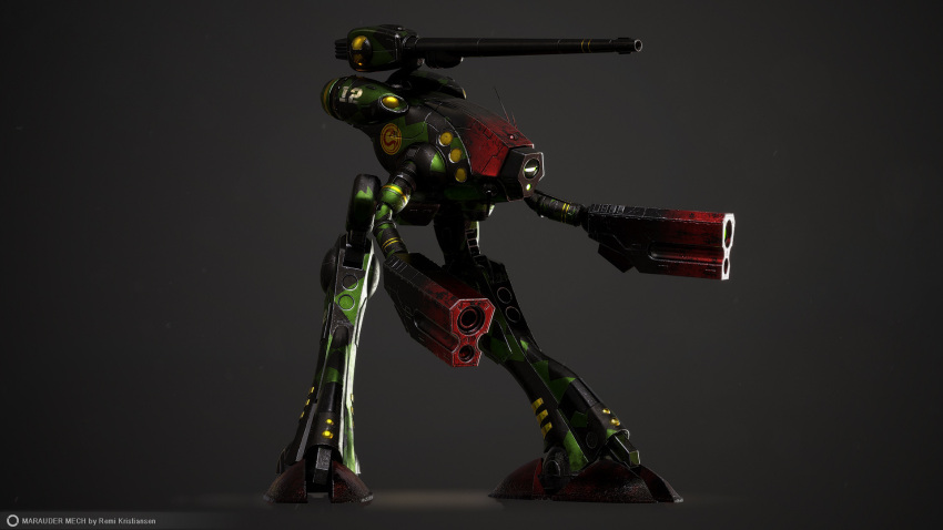 3d, alien, arm_cannon, battletech, camouflage, choujikuu_yousai_macross, derivative_work, energy_cannon, english_commentary, glaug, highres, light, macross, marauder_(battletech), mecha, radio_antenna, realistic, remi_kristiansen, robotech, roundel, science_fiction, signature, solo, walker, weapon, zentradi