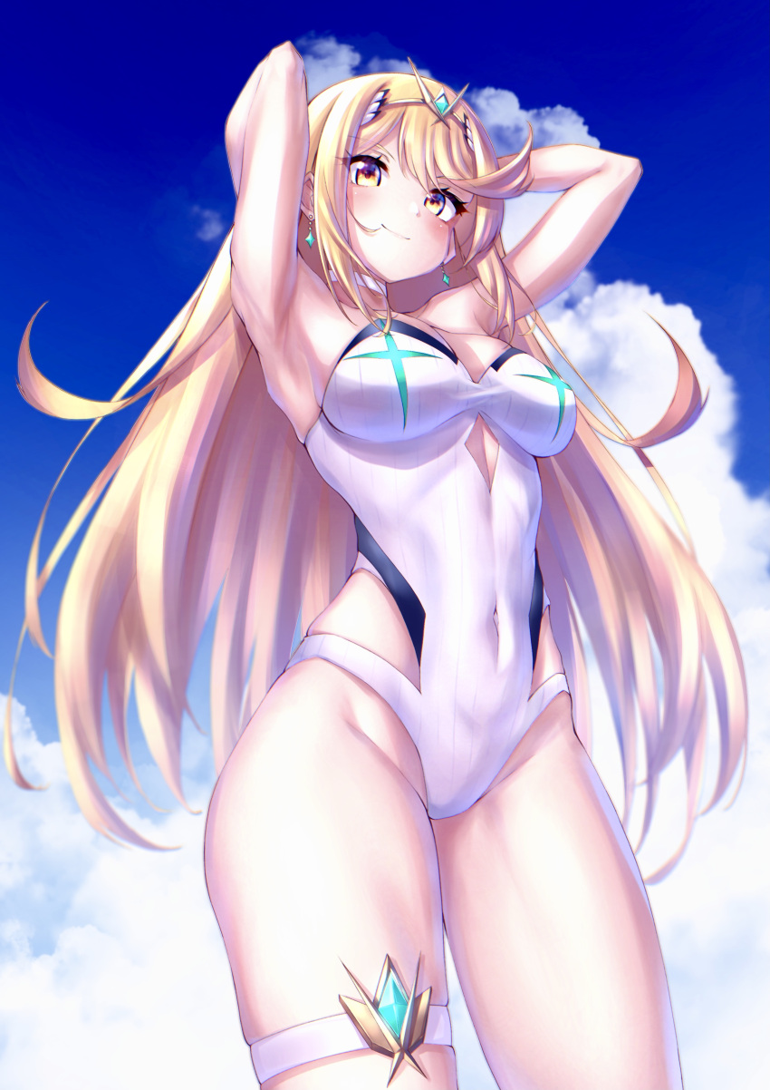 1girl, absurdres, arms_up, bangs, blonde_hair, breasts, gem, hakusai_(hksicabb)