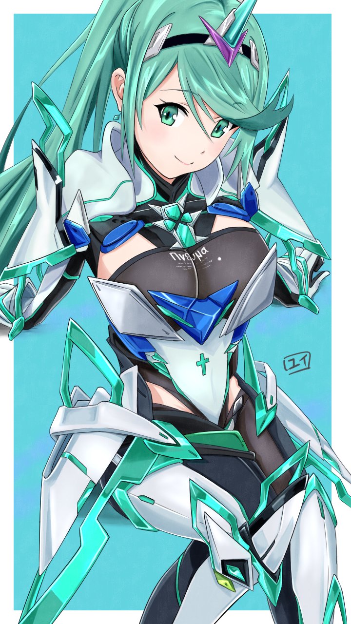 1girl, armor, bangs, gem, green_eyes, green_hair, hair_ornament, headpiece, highres, jewelry, looking_at_viewer, pneuma_(xenoblade), ponytail, pose, sitting, solo, swept_bangs, tiara, xenoblade_chronicles_(series), xenoblade_chronicles_2, yamushinhan