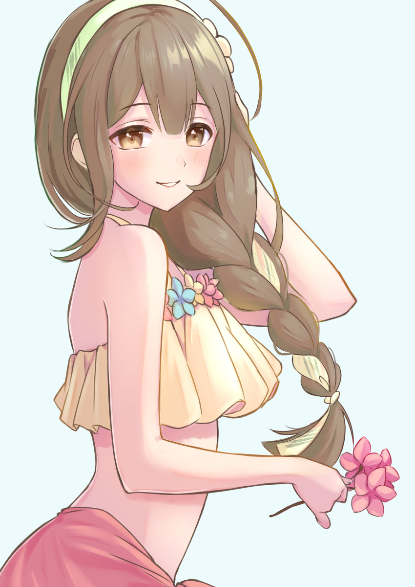 1girl, absurdres, ahoge, bare_shoulders, bikini, blush, braid, braided_ponytail