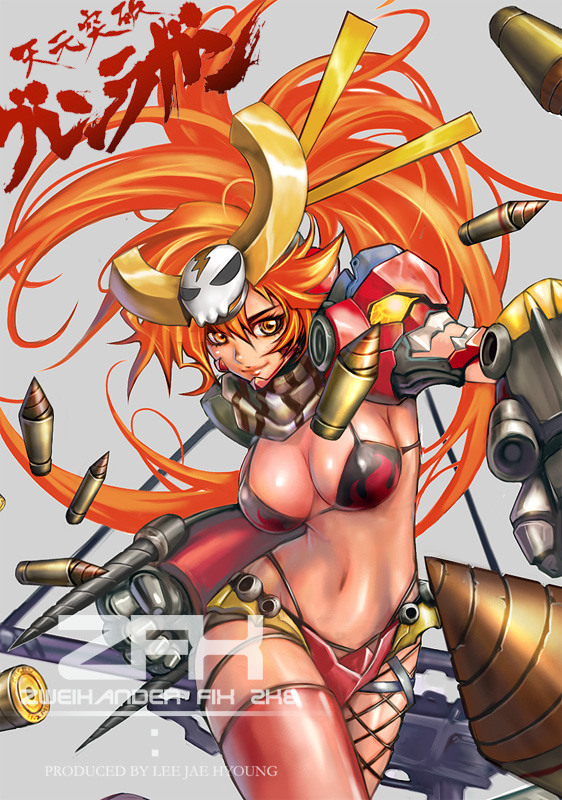 bikini_top, breasts, bullet, cleavage, cosplay, drill, gun, gurren-lagann, gurren-lagann_(cosplay), gurren_lagann_(cosplay), jay_b_lee, mecha_musume, messy_hair, midriff, pink_thighhighs, red_hair, redhead, rifle, sniper_rifle, solo, tengen_toppa_gurren_lagann, thigh-highs, thighhighs, weapon, yellow_eyes, yoko_littner