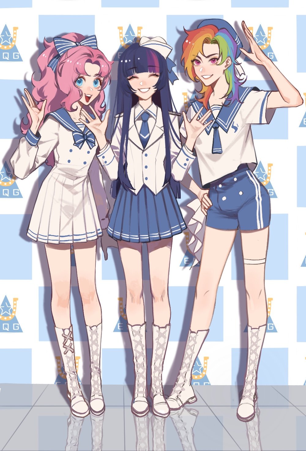 3girls, bangs, blue_eyes, blunt_bangs, bow, closed_eyes, dress, hair_bow, hat, height_difference, highres, humanization, idol, long_hair, multicolored_hair, multiple_girls, my_little_pony, my_little_pony_friendship_is_magic, neckerchief, necktie, personification, pink_hair, pinkie_pie, ponytail, purple_hair, rainbow_dash, rainbow_hair, red_eyes, sailor_collar, sailor_dress, sailor_hat, shorts, sidelocks, thighlet, twilight_sparkle, xieyanbbb