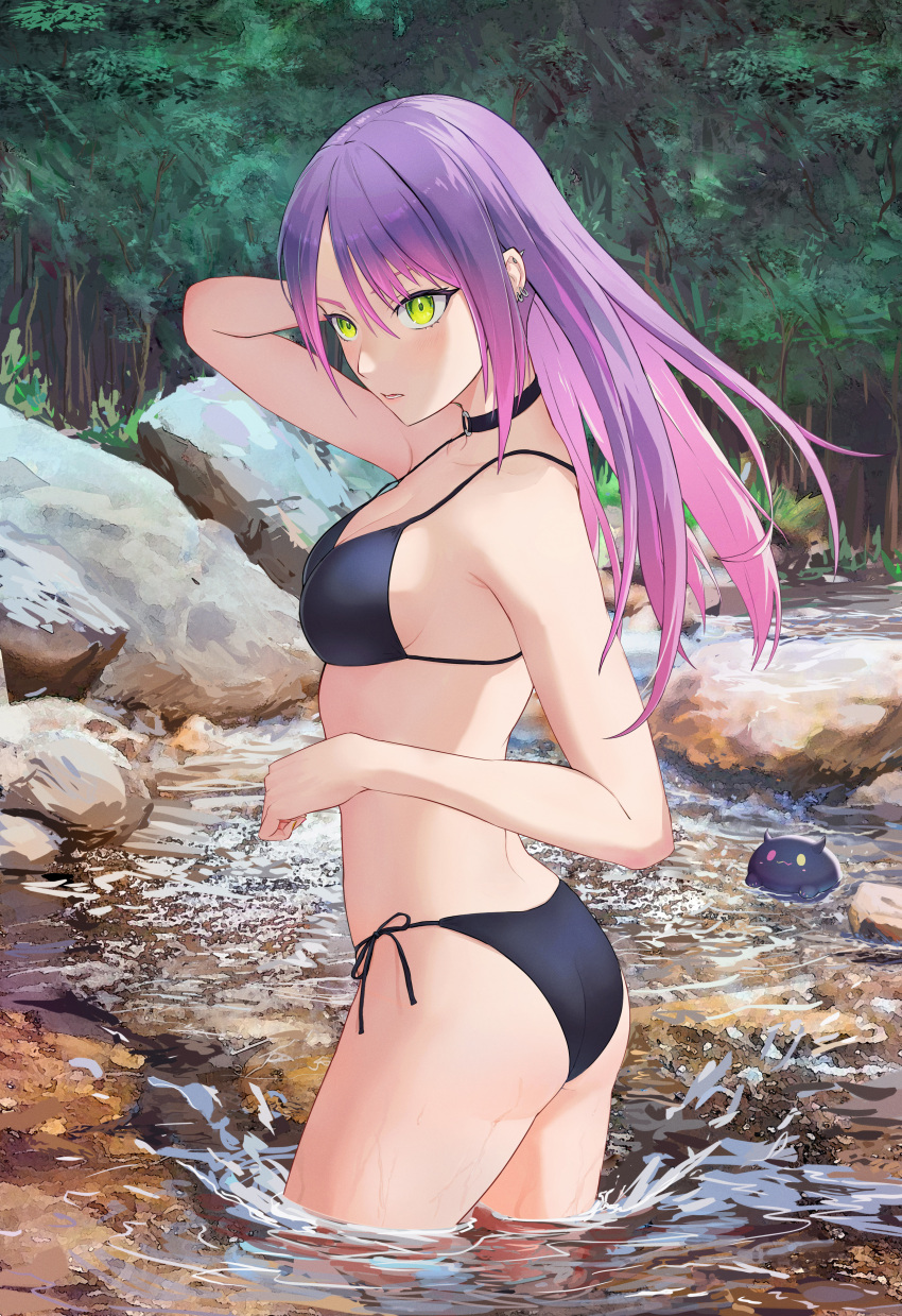 1girl, absurdres, arm_up, bibi_(tokoyami_towa), bikini, black_bikini, black_choker, choker