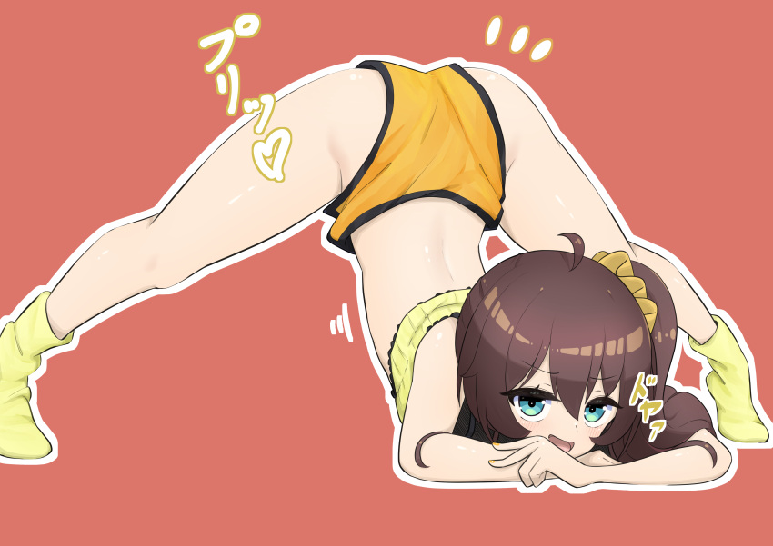 1girl, absurdres, ahoge, aqua_eyes, ass, bangs, brown_hair, commentary_request